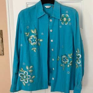 Laura Ashley, silk& linen embroidered jacket, size small, petite, blue color.